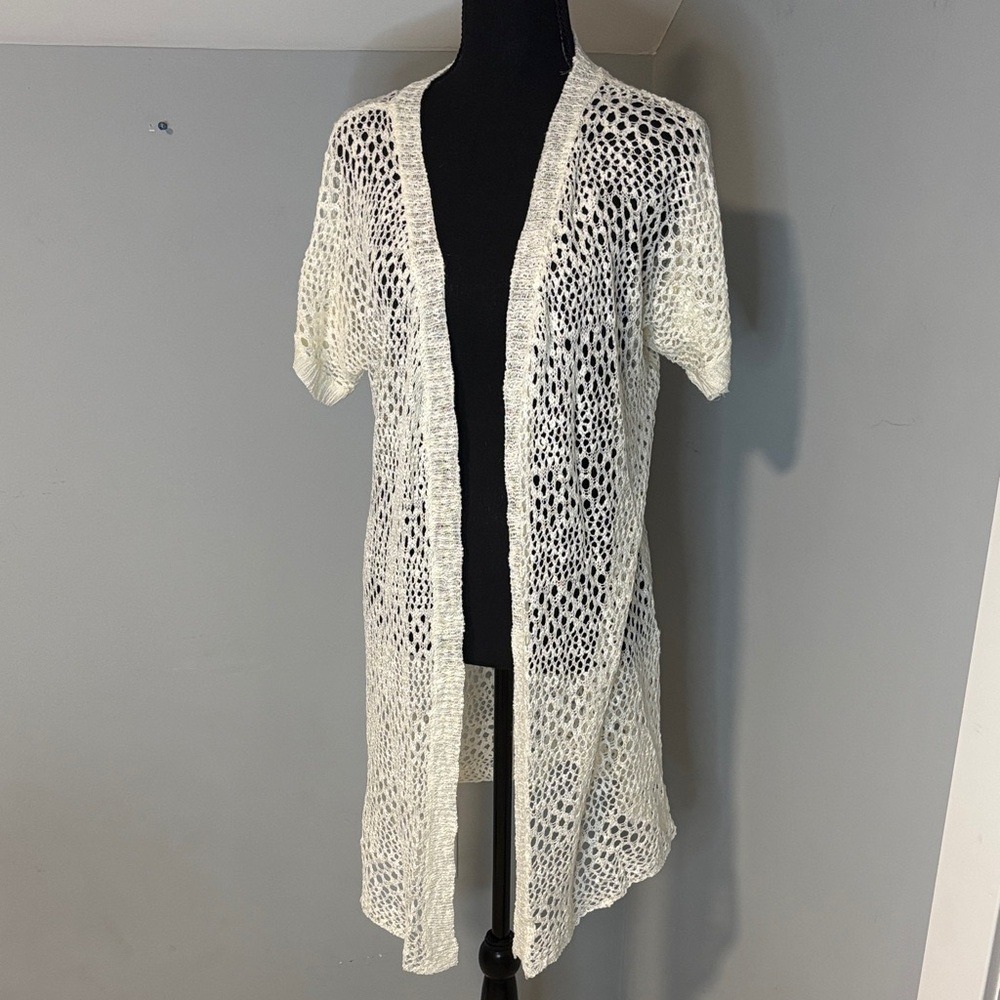 POL Women Cream White Open Knit Longline Cardigan Short Sleeve Boho Small